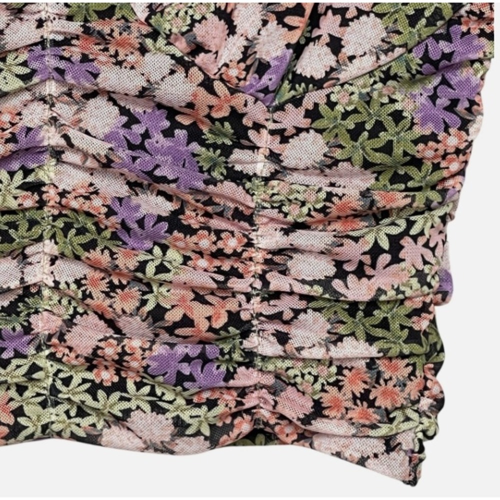 Forever 21 Floral Ruched Mesh Cami Crop Top Small Black Pink Purple Sweetheart - Picture 6 of 8